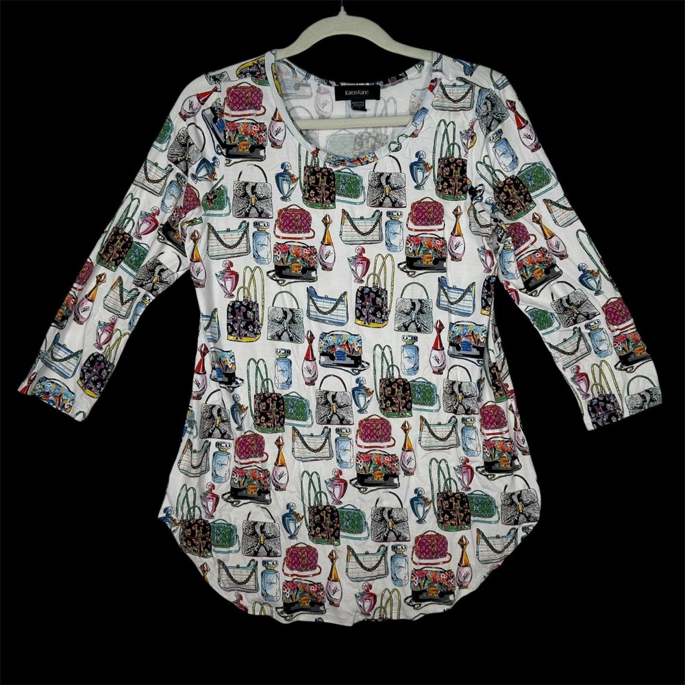 Karen Kane Trinketcore Purse Perfume Print Top S Whimsical Kitsch Art To Wear